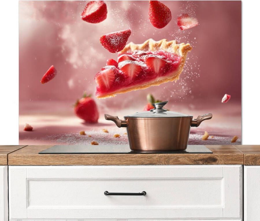 KitchenYeah Spatscherm keuken 100x65 cm Kookplaat achterwand Aardbei Taart- Eten Roze Muurbeschermer Spatwand fornuis Hoogwaardig aluminium