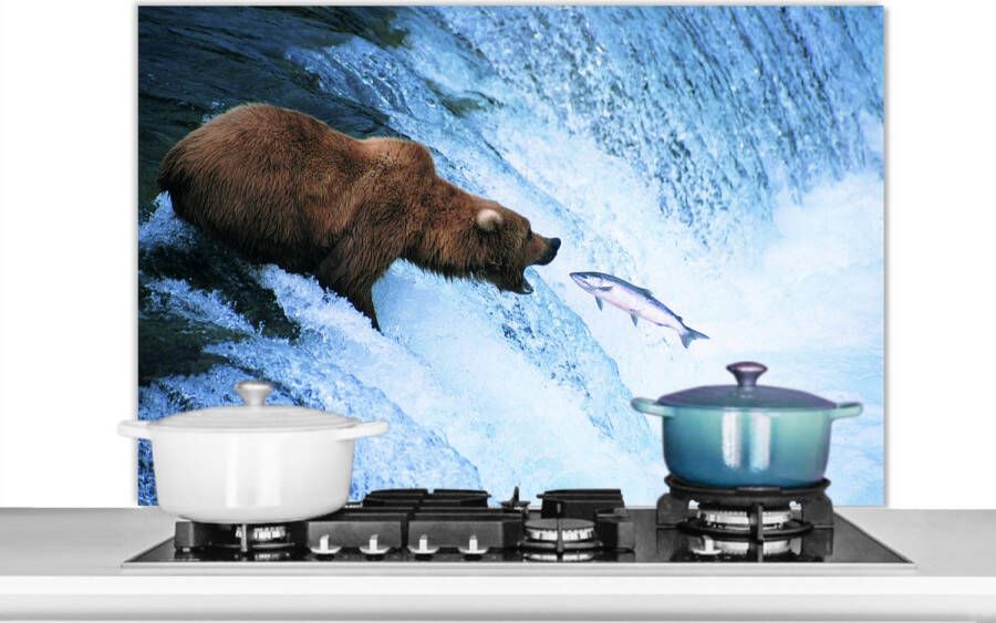 KitchenYeah Spatscherm keuken 100x65 cm Kookplaat achterwand Beer Vis Waterval Muurbeschermer Spatwand fornuis Hoogwaardig aluminium