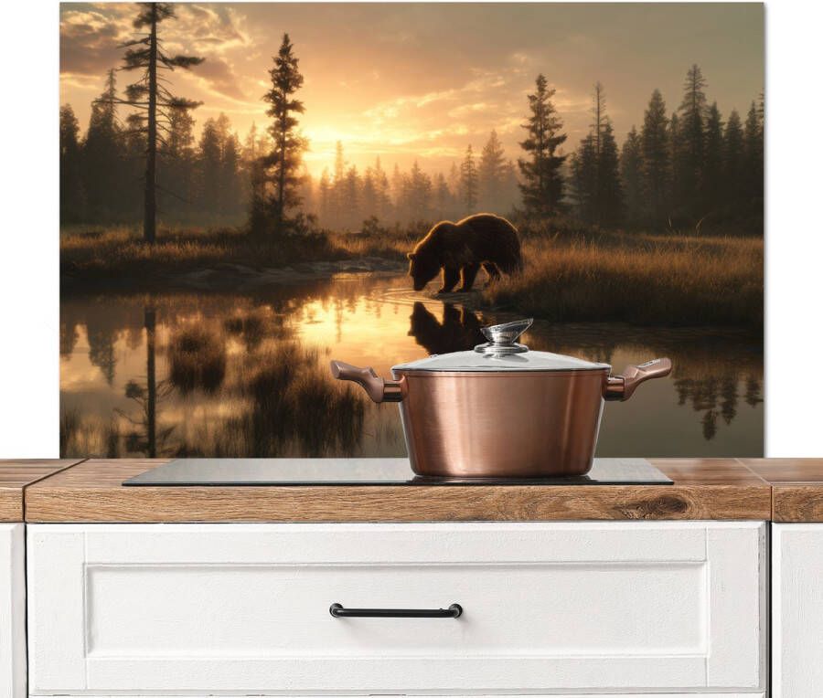 KitchenYeah Spatscherm keuken 100x65 cm Kookplaat achterwand Beer water Bos Ochtendlicht Muurbeschermer Spatwand fornuis Hoogwaardig aluminium