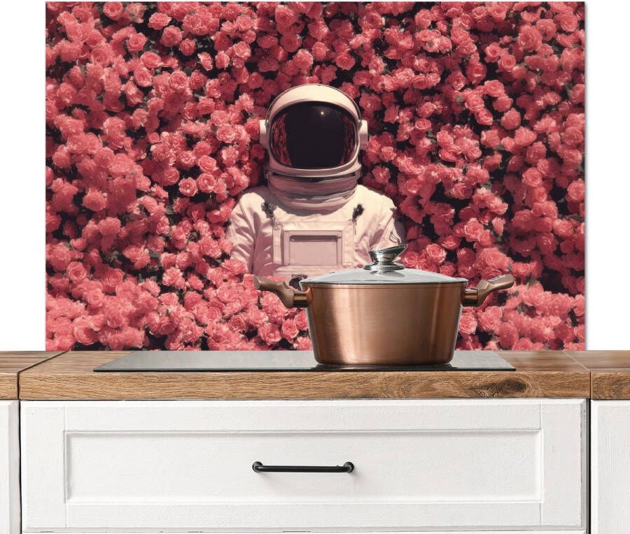 KitchenYeah Spatscherm keuken 100x65 cm Kookplaat achterwand Bloemen Roze Astronaut Muurbeschermer Spatwand fornuis Hoogwaardig aluminium