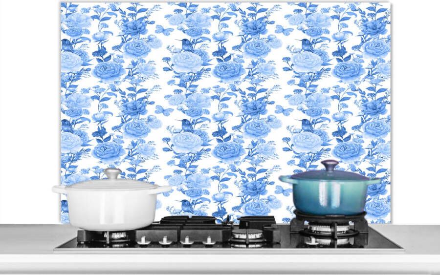 KitchenYeah Spatscherm keuken 100x65 cm Kookplaat achterwand Bloemen Rozen Blauw Muurbeschermer Spatwand fornuis Hoogwaardig aluminium