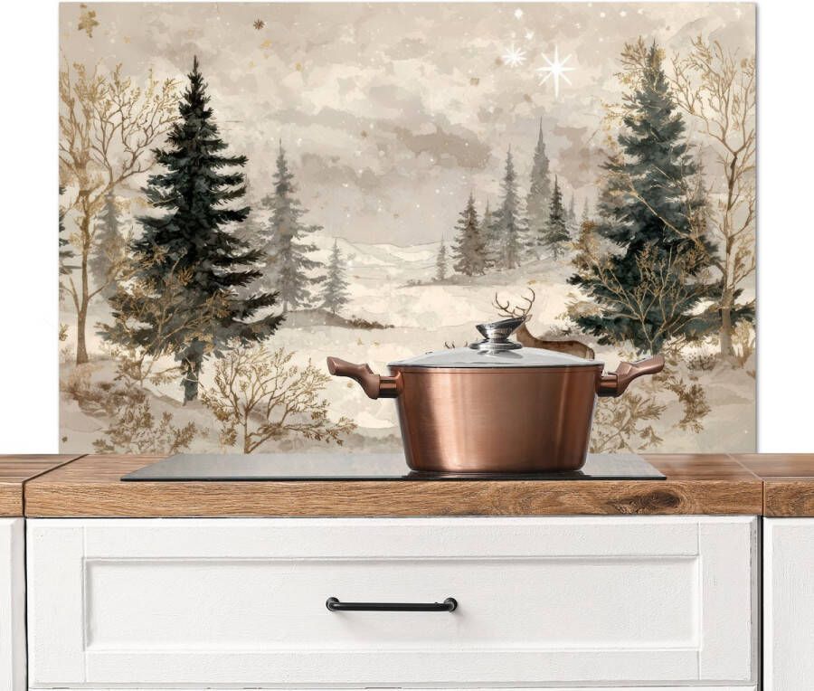 KitchenYeah Spatscherm keuken 100x65 cm Kookplaat achterwand Bos Herten Winter Sneeuw Muurbeschermer Spatwand fornuis Hoogwaardig aluminium