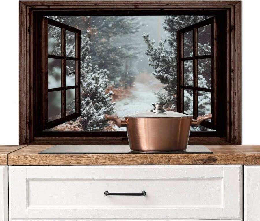 KitchenYeah Spatscherm keuken 100x65 cm Kookplaat achterwand Bos Winter Bomen Natuur Pad Doorkijk Muurbeschermer Spatwand fornuis Hoogwaardig aluminium