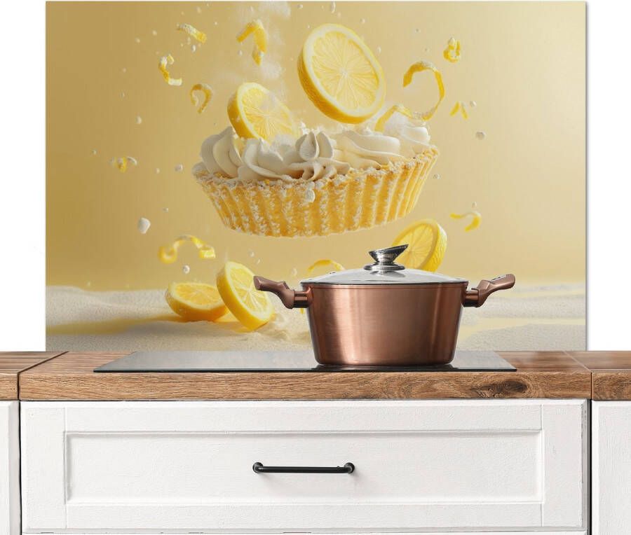 KitchenYeah Spatscherm keuken 100x65 cm Kookplaat achterwand Citroen Taart Eten Geel Muurbeschermer Spatwand fornuis Hoogwaardig aluminium