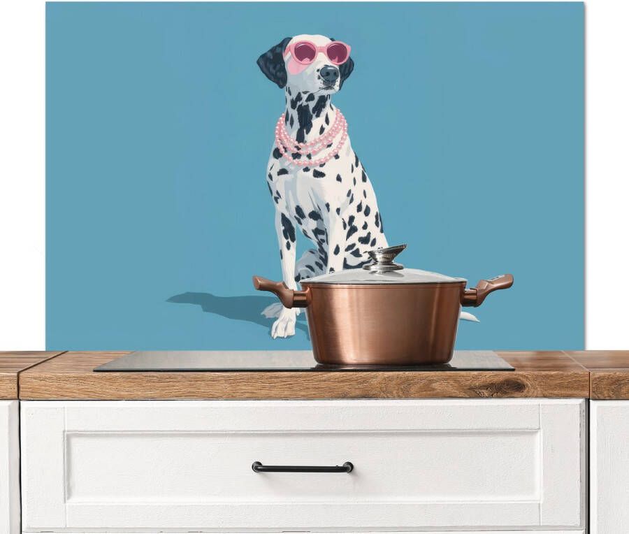 KitchenYeah Spatscherm keuken 100x65 cm Kookplaat achterwand Dalmatiër Zonnebril Blauw Muurbeschermer Spatwand fornuis Hoogwaardig aluminium