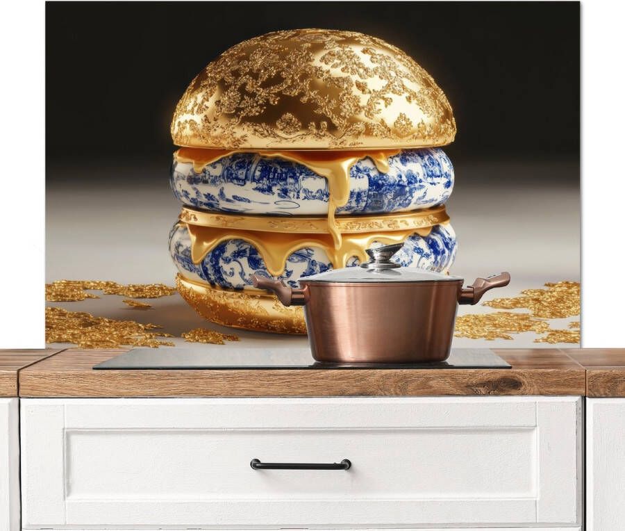 KitchenYeah Spatscherm keuken 100x65 cm Kookplaat achterwand Delftsblauw Goud Burger Muurbeschermer Spatwand fornuis Hoogwaardig aluminium