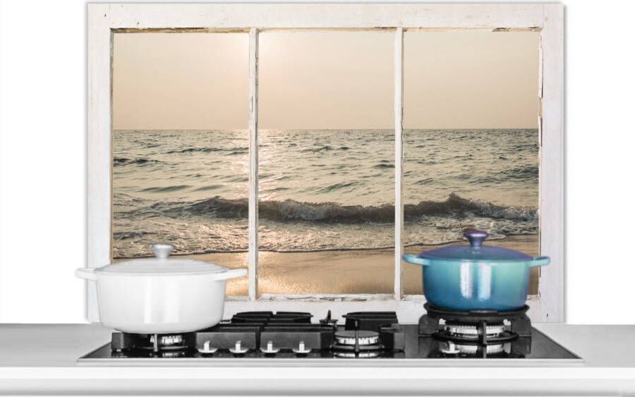 KitchenYeah Spatscherm keuken 100x65 cm Kookplaat achterwand Doorkijk Strand Zee Muurbeschermer Spatwand fornuis Hoogwaardig aluminium