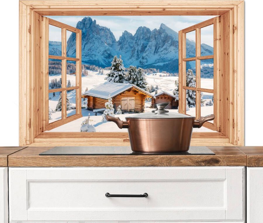 KitchenYeah Spatscherm keuken 100x65 cm Kookplaat achterwand Doorkijk Winterlandschap Huisje Bergen Uitzicht Muurbeschermer Spatwand fornuis Hoogwaardig aluminium