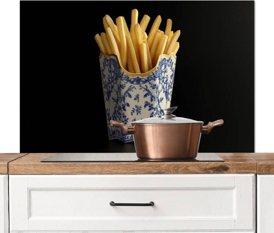KitchenYeah Spatscherm keuken 100x65 cm Kookplaat achterwand Friet Porselein Delfts blauw Eten Muurbeschermer Spatwand fornuis Hoogwaardig aluminium