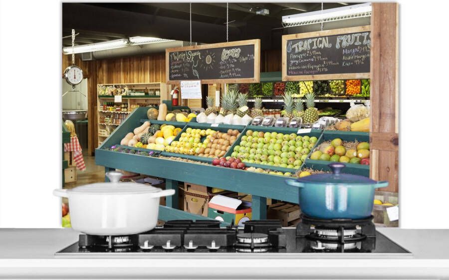 KitchenYeah Spatscherm keuken 100x65 cm Kookplaat achterwand Fruit Supermarkt Krijtbord Muurbeschermer Spatwand fornuis Hoogwaardig aluminium