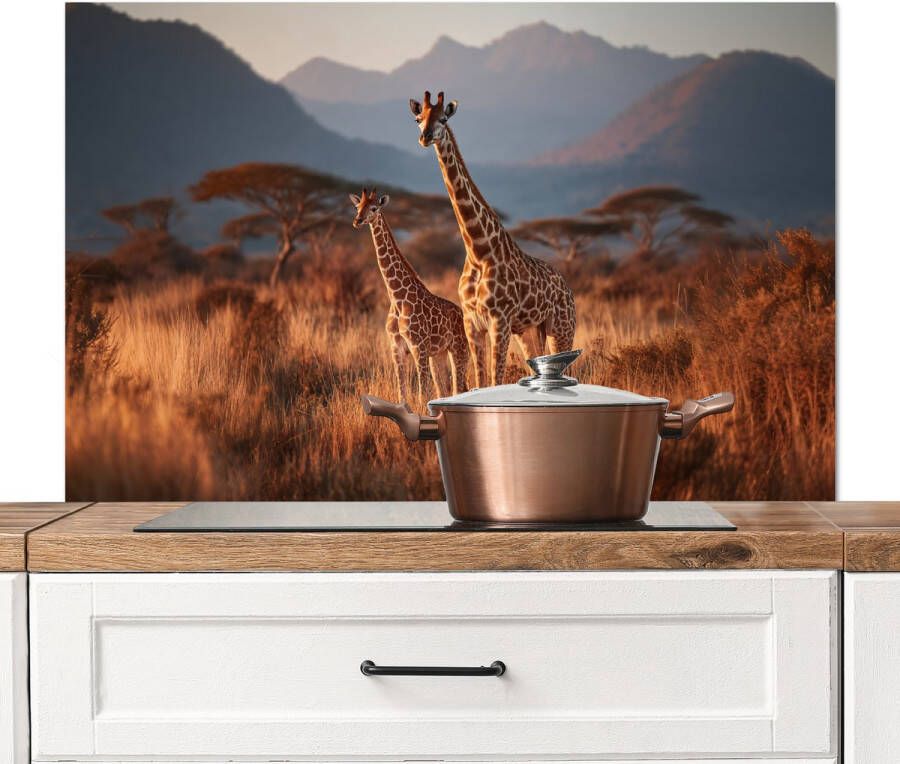 KitchenYeah Spatscherm keuken 100x65 cm Kookplaat achterwand Giraffen Hoog gras Acaciabomen Muurbeschermer Spatwand fornuis Hoogwaardig aluminium