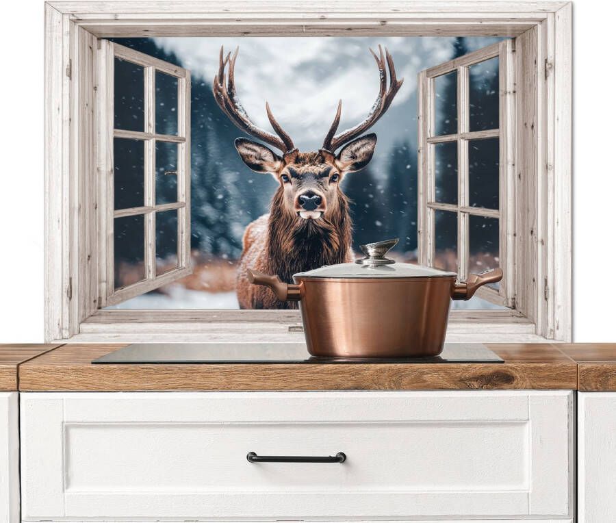 KitchenYeah Spatscherm keuken 100x65 cm Kookplaat achterwand Hert Dieren Landschap Winter Sneeuw Doorkijk Natuur Muurbeschermer Spatwand fornuis Hoogwaardig aluminium