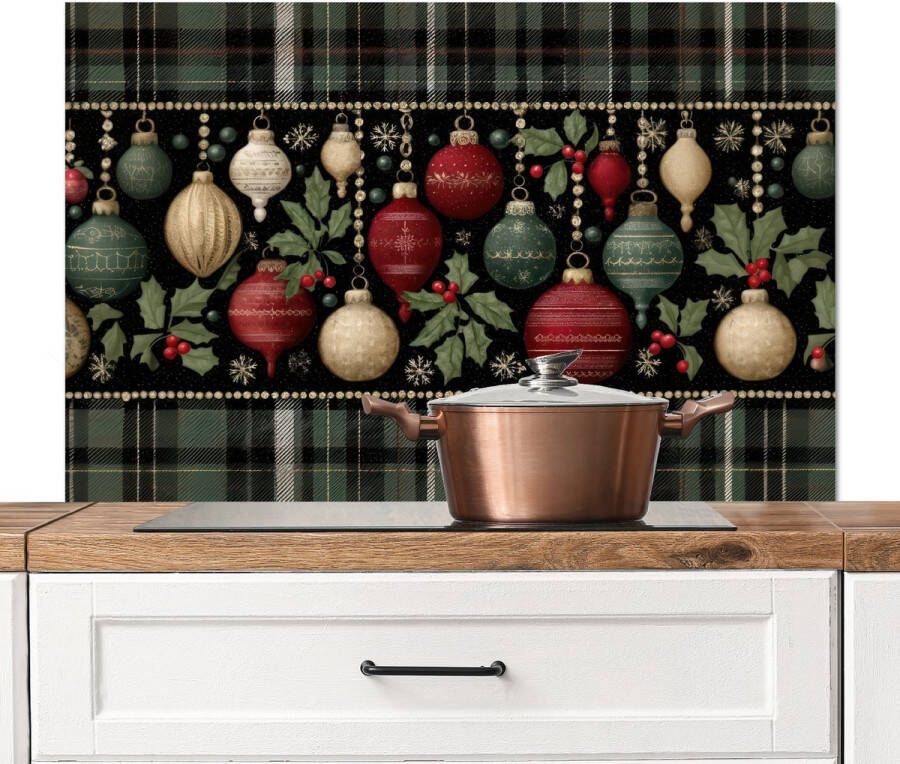 KitchenYeah Spatscherm keuken 100x65 cm Kookplaat achterwand Kerstballen Rood Hulsttakken Patroon Muurbeschermer Spatwand fornuis Hoogwaardig aluminium