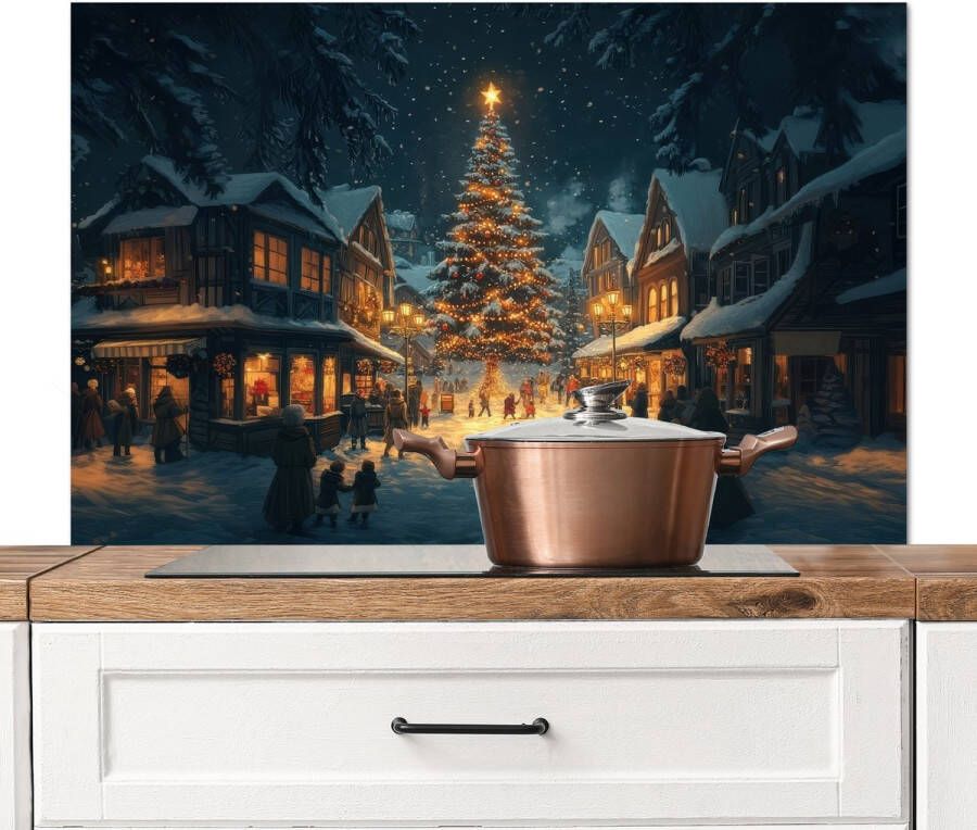 KitchenYeah Spatscherm keuken 100x65 cm Kookplaat achterwand Kerstfeest Dorp Donker Muurbeschermer Spatwand fornuis Hoogwaardig aluminium