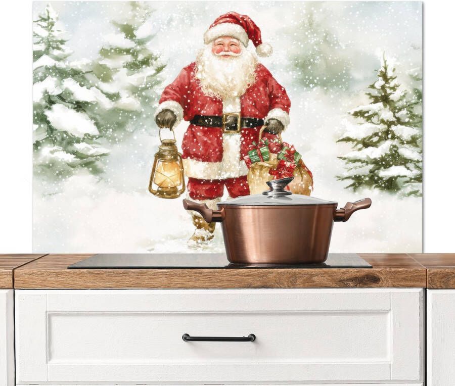 KitchenYeah Spatscherm keuken 100x65 cm Kookplaat achterwand Kerstman- Winter Sneeuw Wit Rood Muurbeschermer Spatwand fornuis Hoogwaardig aluminium