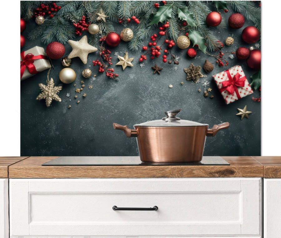 KitchenYeah Spatscherm keuken 100x65 cm Kookplaat achterwand Kerstomlijsting Hulst Kleurrijk Muurbeschermer Spatwand fornuis Hoogwaardig aluminium