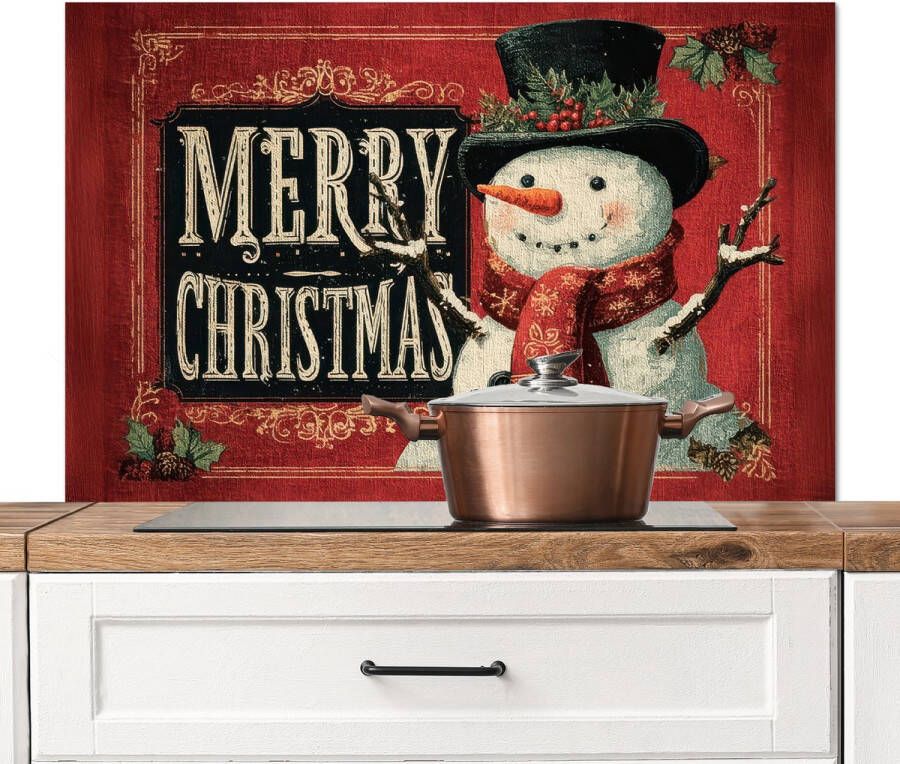 KitchenYeah Spatscherm keuken 100x65 cm Kookplaat achterwand Klassiek Kerstgroet Sneeuwpop Rood Muurbeschermer Spatwand fornuis Hoogwaardig aluminium