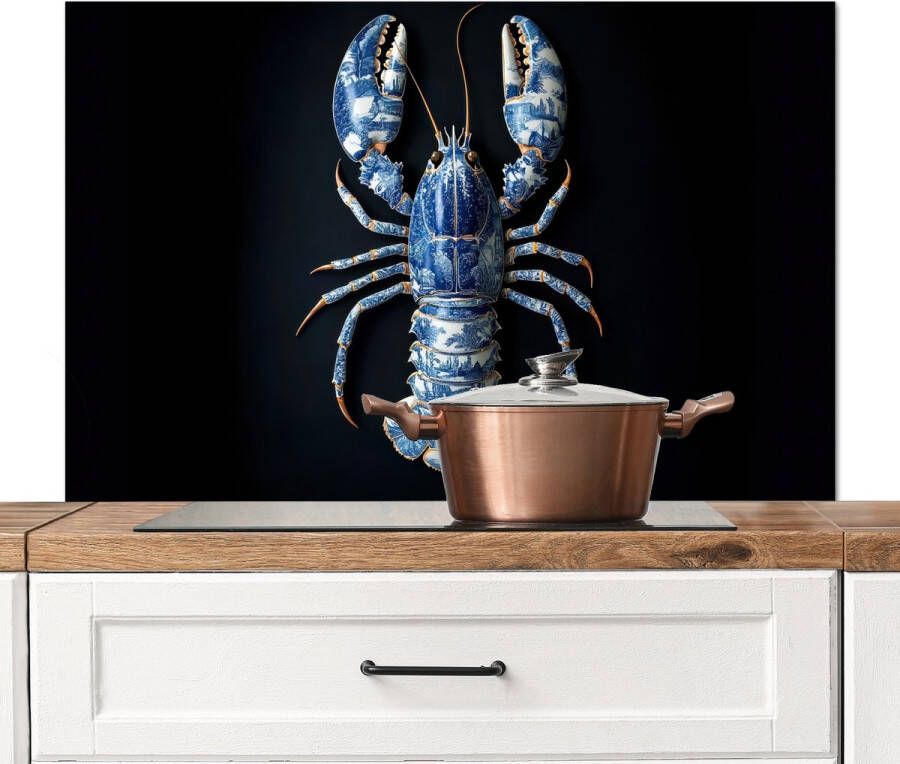 KitchenYeah Spatscherm keuken 100x65 cm Kookplaat achterwand Kreeft Delftsblauw Schild Stoer Muurbeschermer Spatwand fornuis Hoogwaardig aluminium