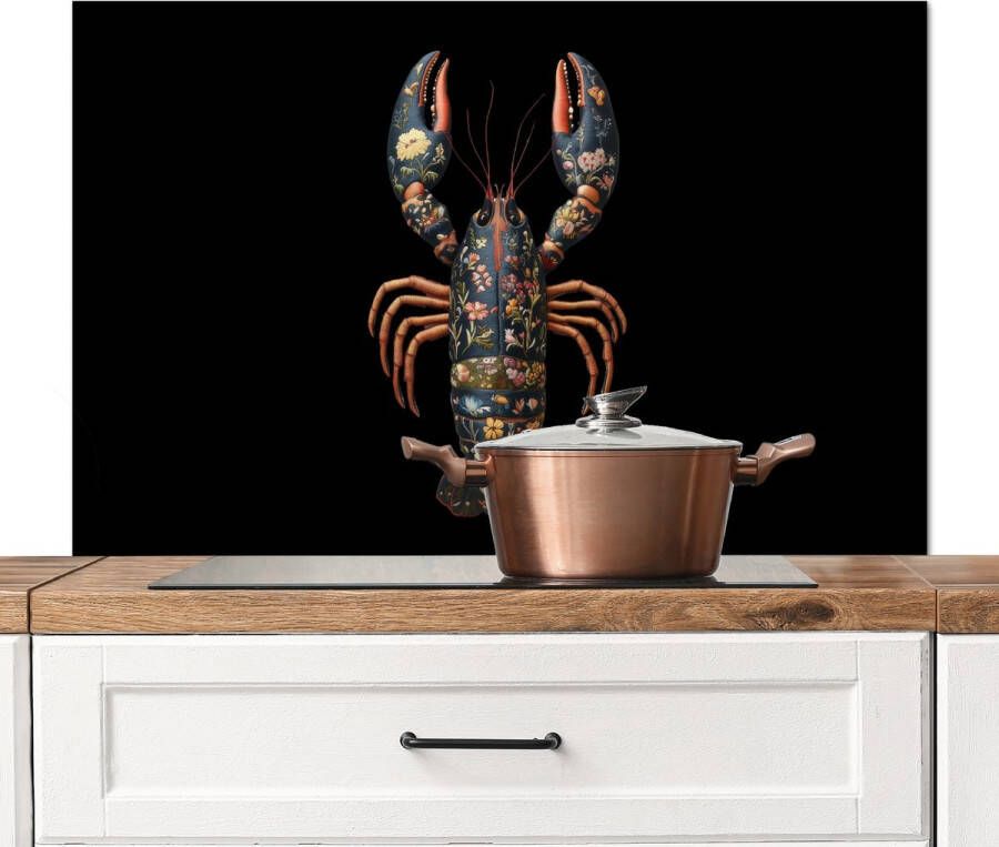 KitchenYeah Spatscherm keuken 100x65 cm Kookplaat achterwand Kreeft Zwart Bloemenpatroon Artistiek Muurbeschermer Spatwand fornuis Hoogwaardig aluminium