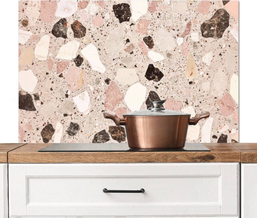 KitchenYeah Spatscherm keuken 100x65 cm Kookplaat achterwand Licht Roze Terrazzo Stenen Muurbeschermer Spatwand fornuis Hoogwaardig aluminium