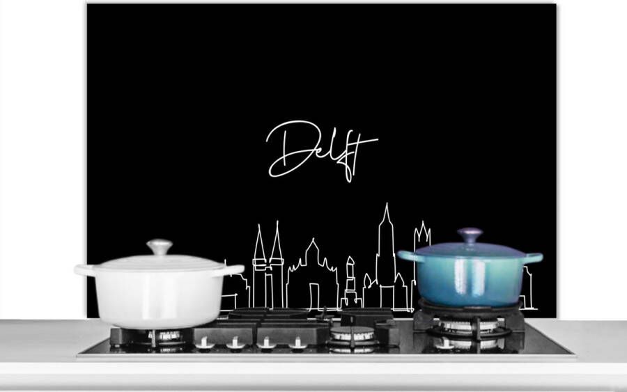 KitchenYeah Spatscherm keuken 100x65 cm Kookplaat achterwand Line art Delft Skyline Zwart Wit Muurbeschermer Spatwand fornuis Hoogwaardig aluminium