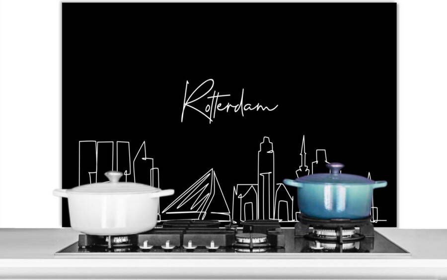 KitchenYeah Spatscherm keuken 100x65 cm Kookplaat achterwand Line art Rotterdam Skyline Zwart wit Stad Muurbeschermer Spatwand fornuis Hoogwaardig aluminium