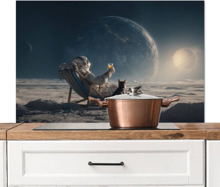 KitchenYeah Spatscherm keuken 100x65 cm Kookplaat achterwand Maan Kat Astronaut Ruimte Muurbeschermer Spatwand fornuis Hoogwaardig aluminium