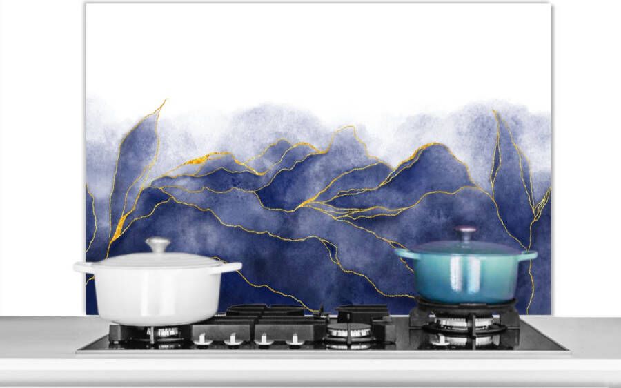 KitchenYeah Spatscherm keuken 100x65 cm Kookplaat achterwand Marmer Blauw Marmerlook Goud Textuur Muurbeschermer Spatwand fornuis Hoogwaardig aluminium