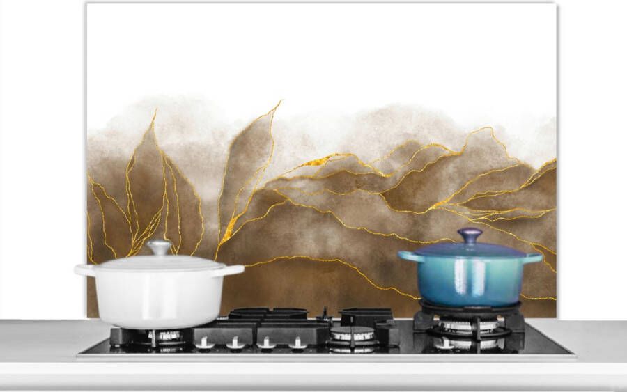 KitchenYeah Spatscherm keuken 100x65 cm Kookplaat achterwand Marmer Goud Bruin Textuur Marmerlook Muurbeschermer Spatwand fornuis Hoogwaardig aluminium