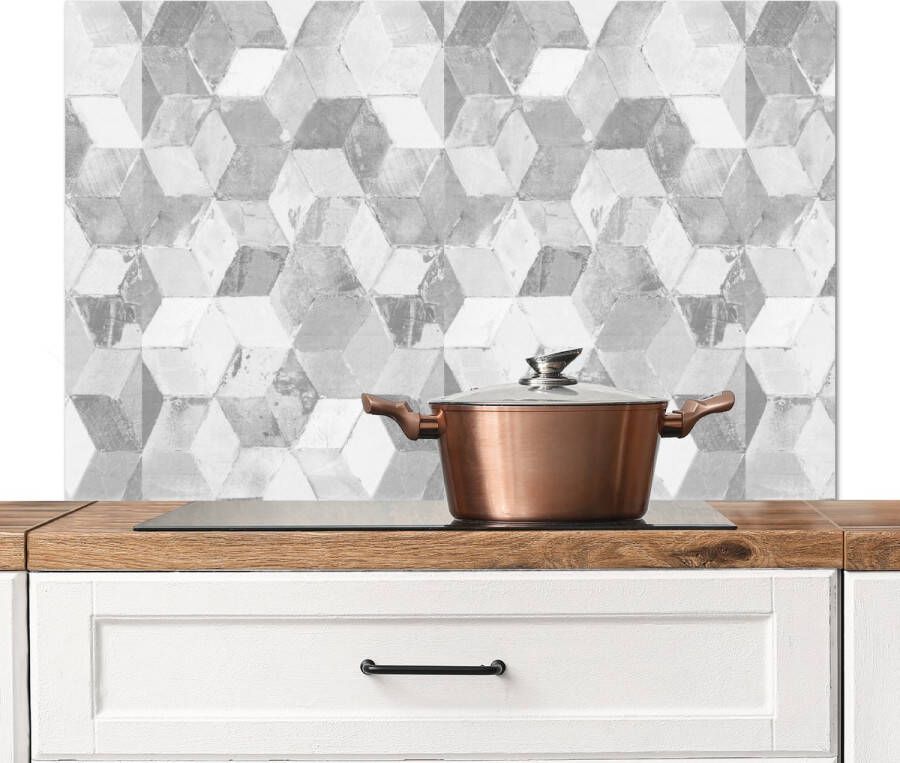 KitchenYeah Spatscherm keuken 100x65 cm Kookplaat achterwand Marmer Vintage Grijs Kubus Marmerlook Muurbeschermer Spatwand fornuis Hoogwaardig aluminium