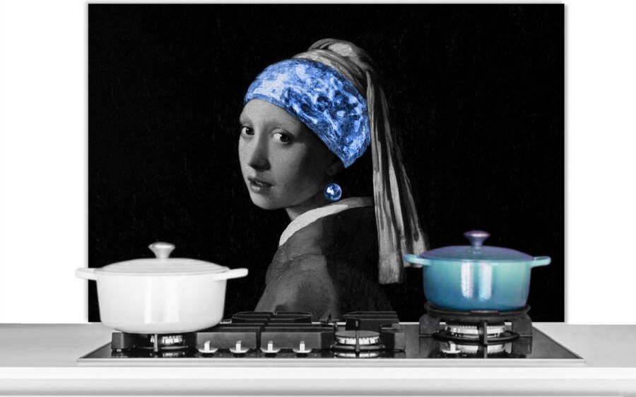 KitchenYeah Spatscherm keuken 100x65 cm Kookplaat achterwand Meisje met de parel Vermeer Blauw Muurbeschermer Spatwand fornuis Hoogwaardig aluminium