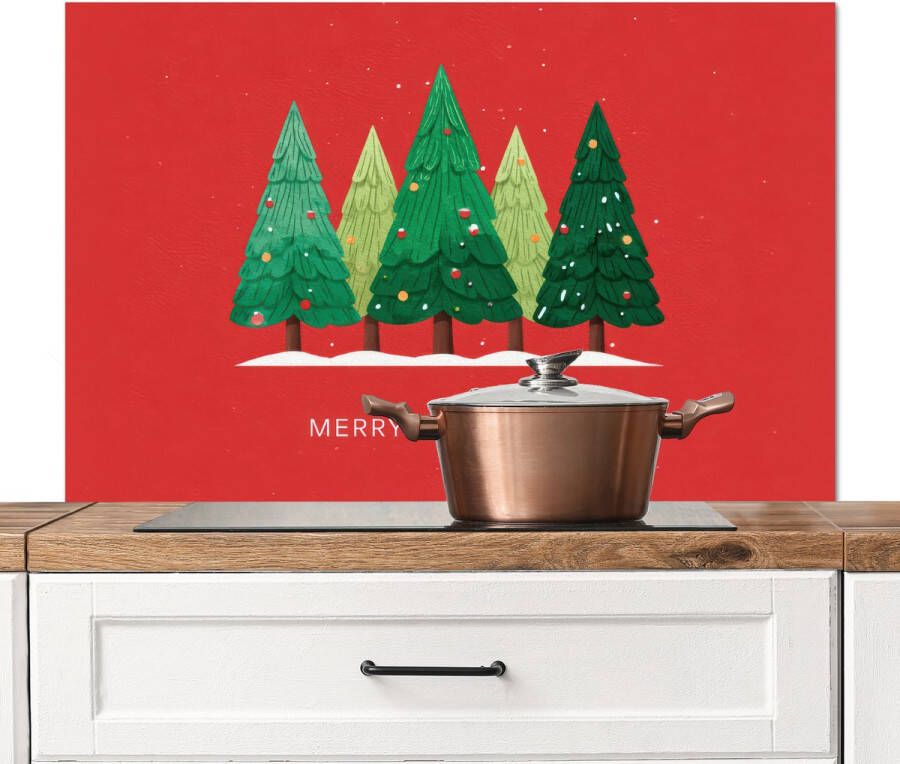 KitchenYeah Spatscherm keuken 100x65 cm Kookplaat achterwand Minimalistisch Kerstbomen Rood Sneeuw Muurbeschermer Spatwand fornuis Hoogwaardig aluminium