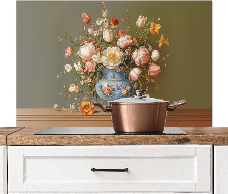 KitchenYeah Spatscherm keuken 100x65 cm Kookplaat achterwand Neutral Bloemen Boeket Vaas Muurbeschermer Spatwand fornuis Hoogwaardig aluminium