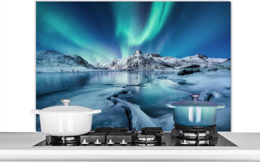 KitchenYeah Spatscherm keuken 100x65 cm Kookplaat achterwand Noorderlicht Sneeuw IJs Noorwegen Muurbeschermer Spatwand fornuis Hoogwaardig aluminium