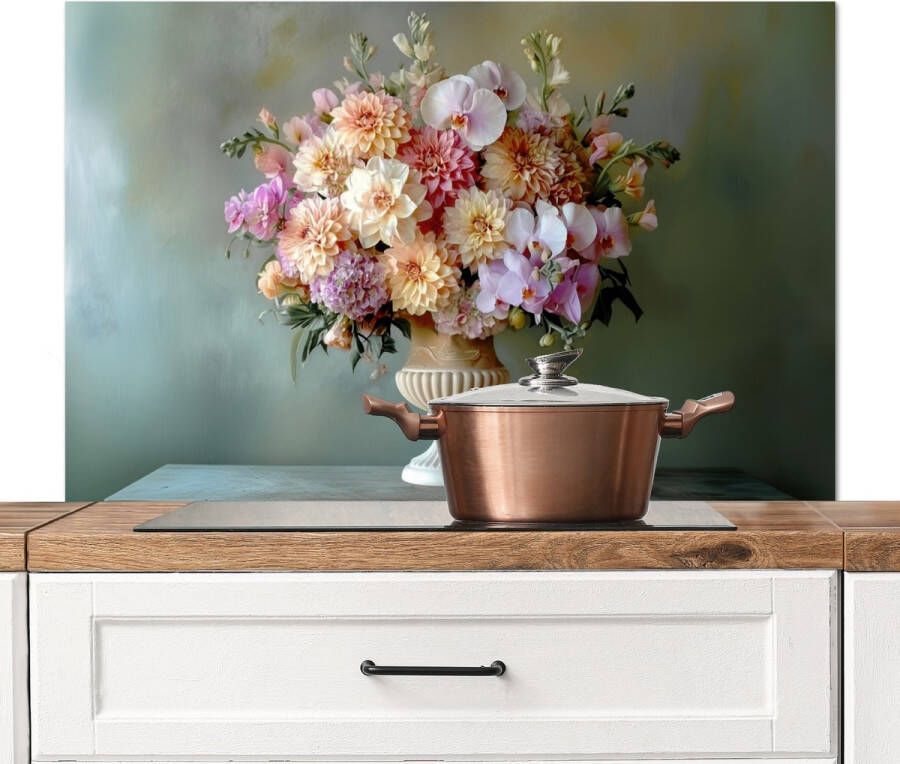 KitchenYeah Spatscherm keuken 100x65 cm Kookplaat achterwand Orchidee Boeket Vaas Bloemen Muurbeschermer Spatwand fornuis Hoogwaardig aluminium