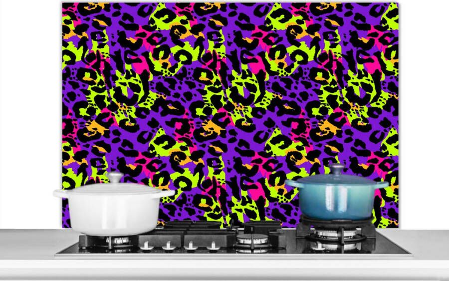 KitchenYeah Spatscherm keuken 100x65 cm Kookplaat achterwand Panterprint Neon Paars Geel Muurbeschermer Spatwand fornuis Hoogwaardig aluminium