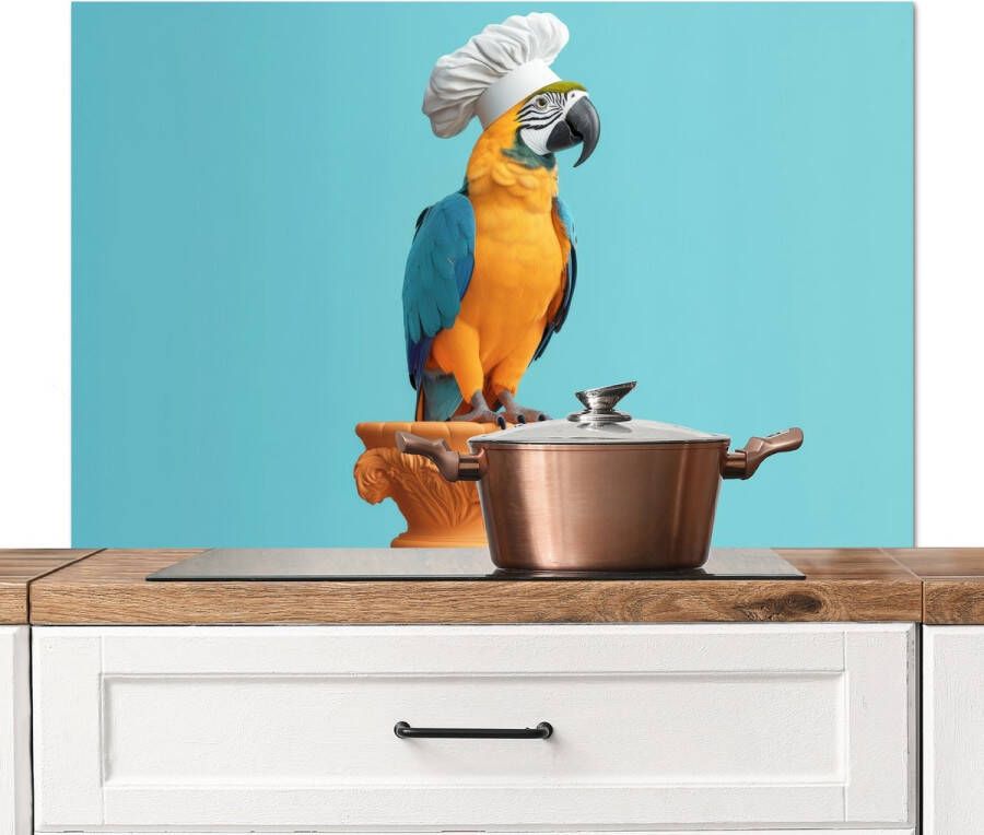 KitchenYeah Spatscherm keuken 100x65 cm Kookplaat achterwand Papegaai Koksmuts Grappig Vogel Muurbeschermer Spatwand fornuis Hoogwaardig aluminium