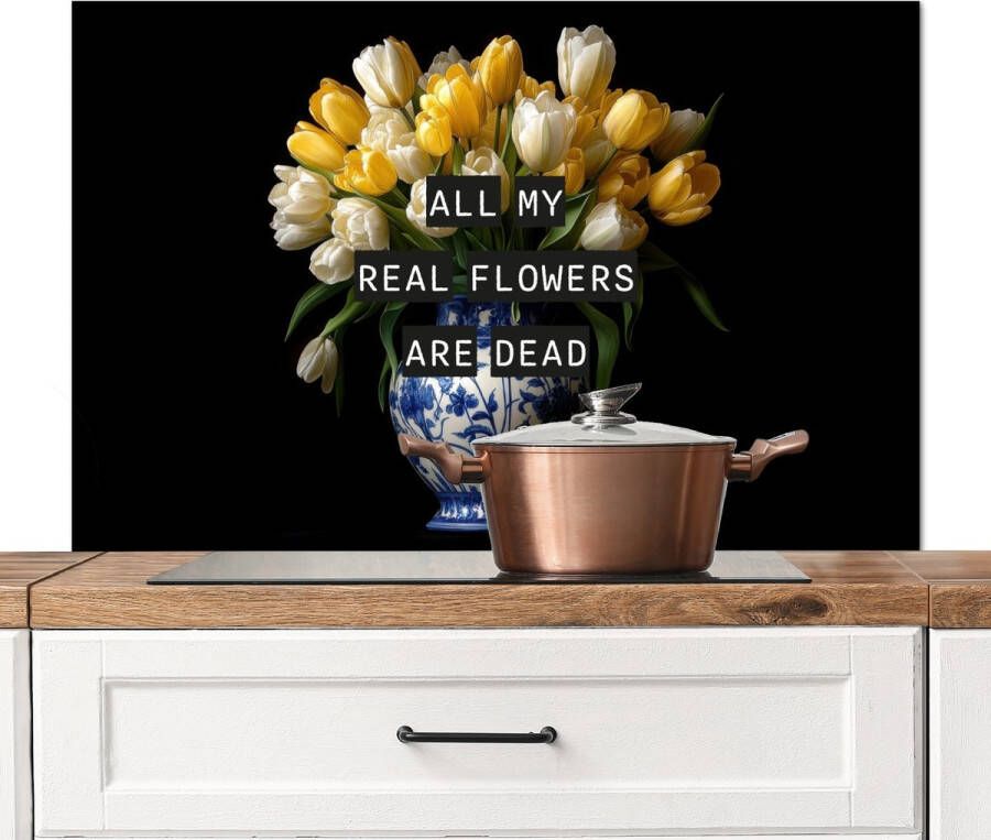 KitchenYeah Spatscherm keuken 100x65 cm Kookplaat achterwand Quotes Bloem Tulp Geel Muurbeschermer Spatwand fornuis Hoogwaardig aluminium