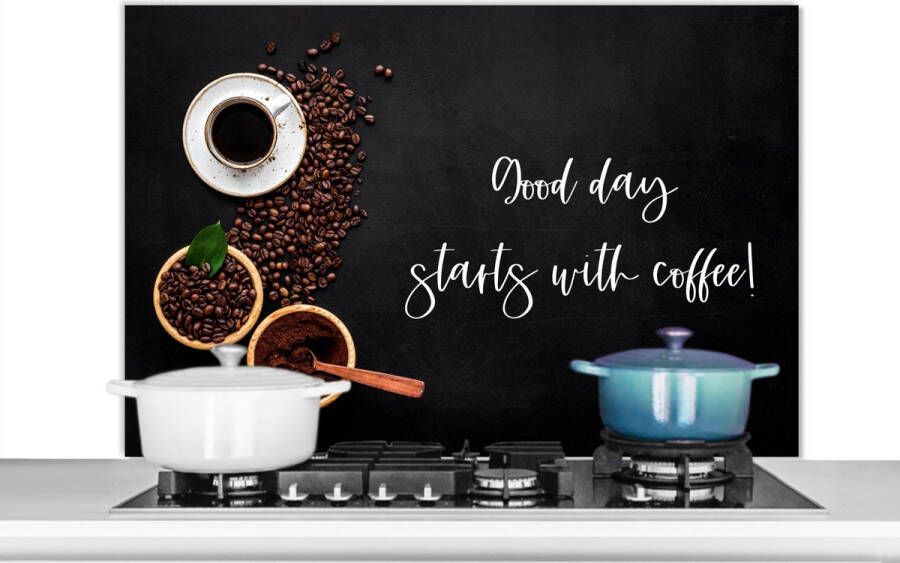 KitchenYeah Spatscherm keuken 100x65 cm Kookplaat achterwand Quotes Good day starts with coffee! Spreuken Koffie Muurbeschermer Spatwand fornuis Hoogwaardig aluminium