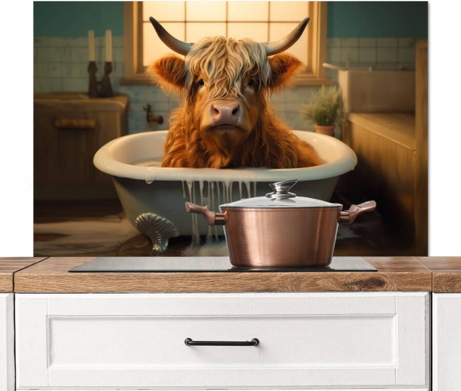 KitchenYeah Spatscherm keuken 100x65 cm Kookplaat achterwand Schotse hooglander Bad Badkamer Muurbeschermer Spatwand fornuis Hoogwaardig aluminium