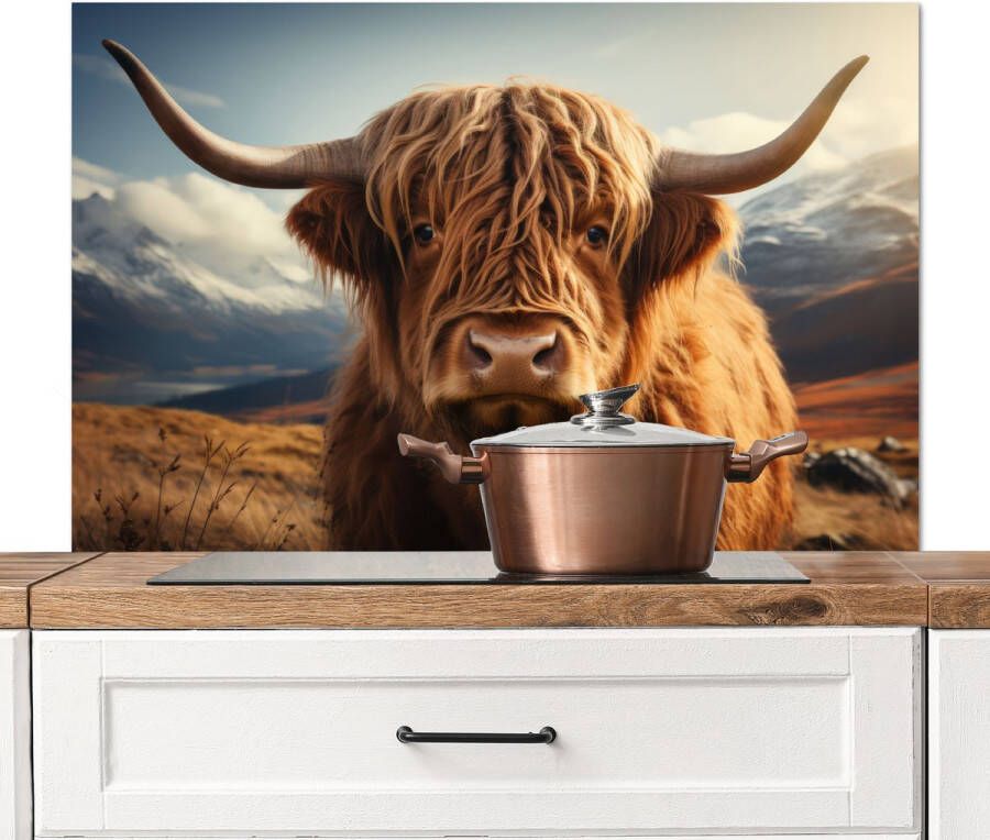 KitchenYeah Spatscherm keuken 100x65 cm Kookplaat achterwand Schotse hooglander Hoorns Bergen Landschap Muurbeschermer Spatwand fornuis Hoogwaardig aluminium
