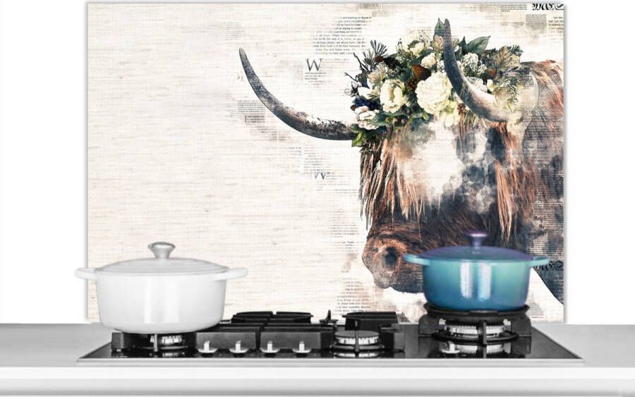 KitchenYeah Spatscherm keuken 100x65 cm Kookplaat achterwand Schotse hooglander Koeien Bloemen Muurbeschermer Spatwand fornuis Hoogwaardig aluminium