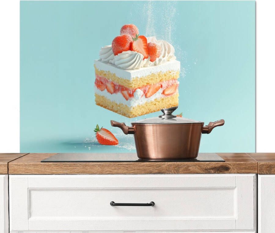 KitchenYeah Spatscherm keuken 100x65 cm Kookplaat achterwand Slagroom Taart Blauw Eten Muurbeschermer Spatwand fornuis Hoogwaardig aluminium
