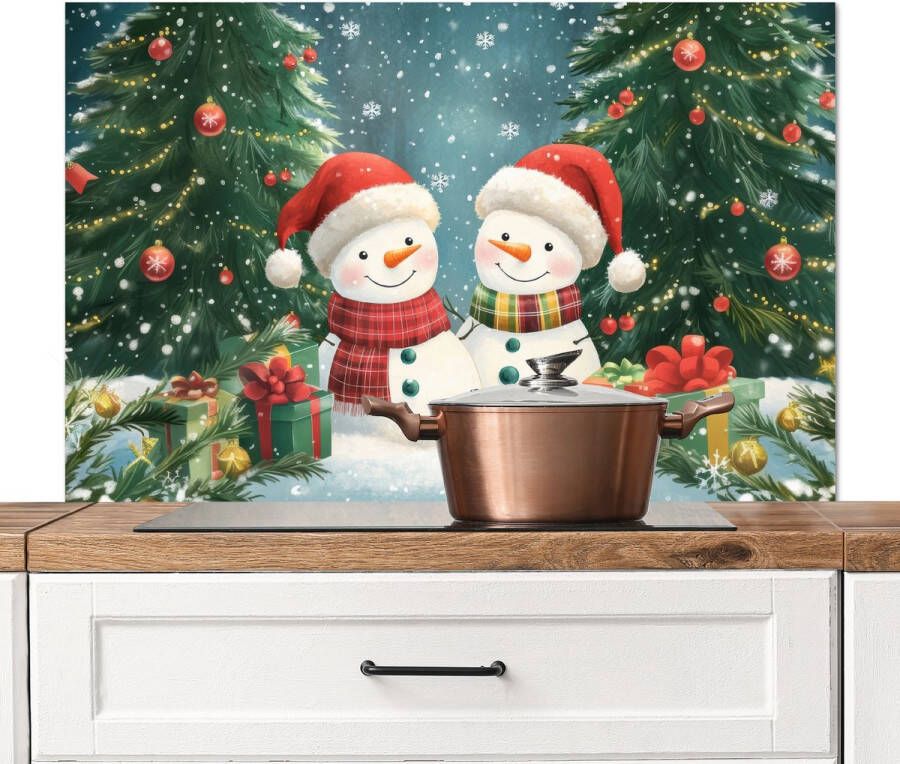 KitchenYeah Spatscherm keuken 100x65 cm Kookplaat achterwand Sneeuwpop Kerstsneeuw Groen Rood Muurbeschermer Spatwand fornuis Hoogwaardig aluminium