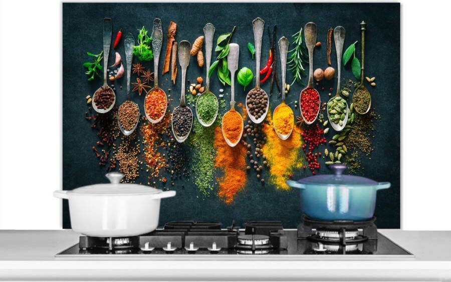 KitchenYeah Spatscherm keuken 100x65 cm Kookplaat achterwand Specerijen Kruiden Lepels Muurbeschermer hittebestendig Spatwand fornuis Hoogwaardig aluminium Wanddecoratie industrieel - Foto 2