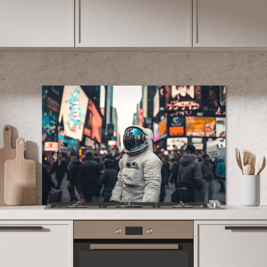 KitchenYeah Spatscherm keuken 100x65 cm Kookplaat achterwand Stad Mensen Astronaut Wit Muurbeschermer Spatwand fornuis Hoogwaardig aluminium