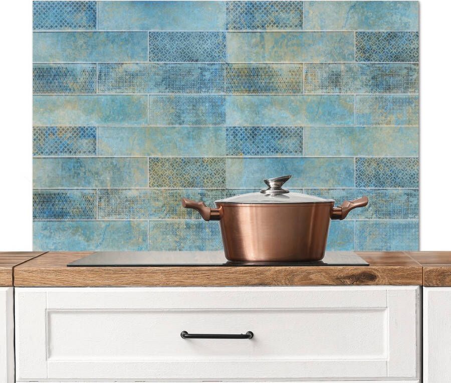 KitchenYeah Spatscherm keuken 100x65 cm Kookplaat achterwand Stenen Blauw Vintage Design Muurbeschermer Spatwand fornuis Hoogwaardig aluminium