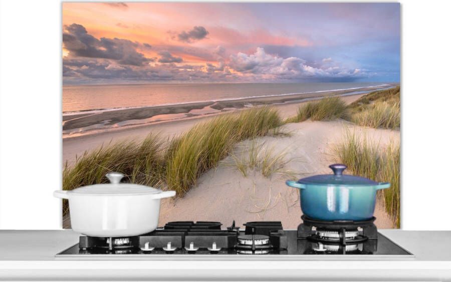 KitchenYeah Spatscherm keuken 100x65 cm Kookplaat achterwand Strand Zee Duin Nederland Roze Muurbeschermer Spatwand fornuis Hoogwaardig aluminium