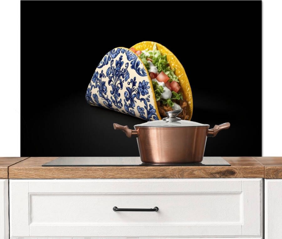 KitchenYeah Spatscherm keuken 100x65 cm Kookplaat achterwand Taco Vlees Salade Delftsblauw Motief Muurbeschermer Spatwand fornuis Hoogwaardig aluminium