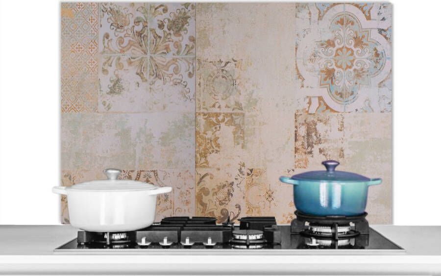 KitchenYeah Spatscherm keuken 100x65 cm Kookplaat achterwand Tegels Vintage Bruin Antiek Muurbeschermer Spatwand fornuis Hoogwaardig aluminium
